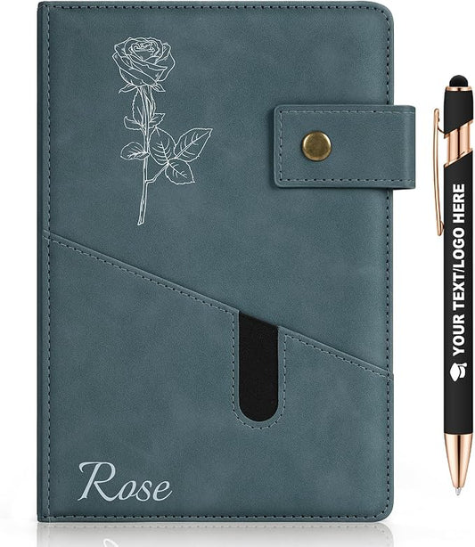 ENOMY Personalized Notebook Set Custom Leather Journal with Stylus Pens Gift,Grey Blue
