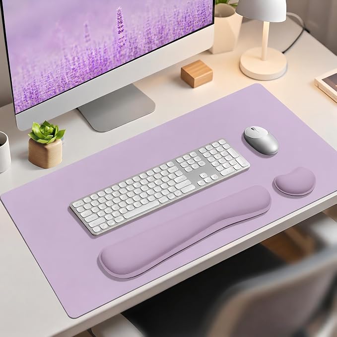 Mouse Pad and Keyboard Wrist Rest (31.5×15.7 Inches, Purple) | PU Leather Desk Mat