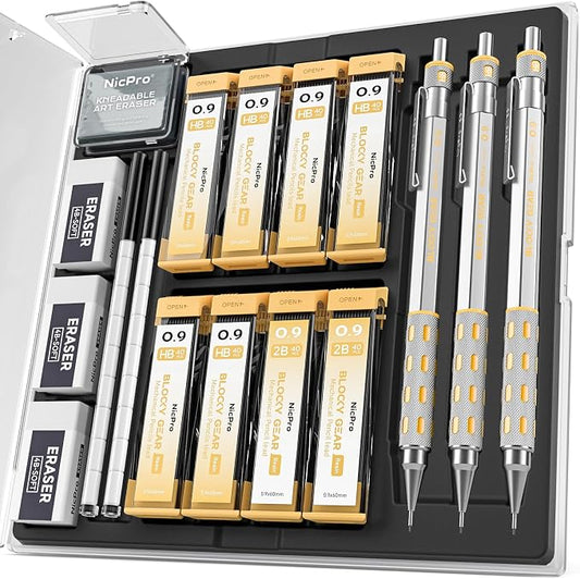 Nicpro Blocky Gear 0.9 mm Mechanical Pencils Set in Case, 3 Pack | Metal Pencil 8 Tube with Lead Refills 0.9mm (HB 2B), 3 Erasers for Professional & Adult Art Writing Drafting Drawing