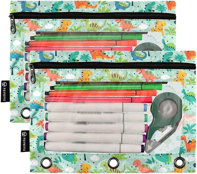 Funny Dinosaurs Pencil Pouches for 3 Ring Binder, Zipper Binder Pencil Case, 2 Pack Clear Window Case Bag for Office Organizers