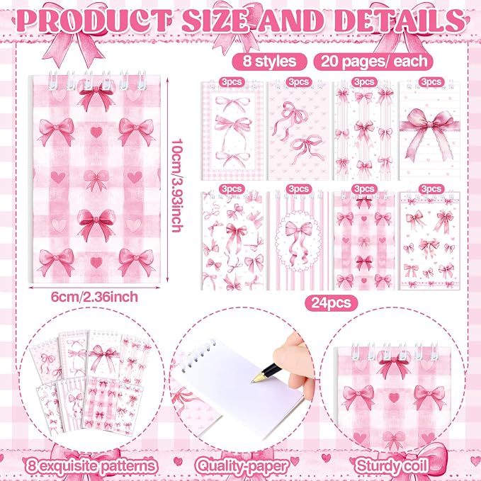 Thenshop 24 Pcs Mini Pink Bow Spiral Notebook 3.9x2.4 Inch Cute Coquette Pink Aesthetic Watercolor Journal Lined Memo Pad Preppy Mini Top Spiral Notebook Office Supplies for Party Gifts Home