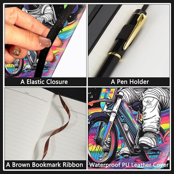 A5 Leather Lined Journal Notebook, 200 Pages Hardcover Executive Notebook for Men Women Office School Note Taking,Thick Writing Paper Daily Journal with Bookmarks/Indexes, Astronaut Riding Bicycle