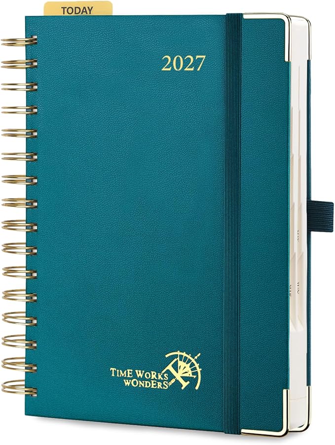 POPRUN 2027 Daily Planner One Page Per Day, 5.75" x 8.5", Calendar Book from Jan 2027 - Dec 2027, Hardcover Appointment Book with Hourly Time Slots, Spiral Bound, Monthly Tabs - Pacific Green