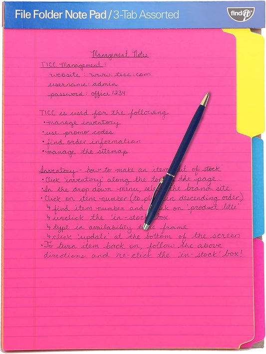 Find It File Folder Notepad - Pack of 12-9.5 x 12.5 Inch Notebook Organizer Folders for Filing, Document, and Clipboard Organization - Assorted Neon Colors | Wide-ruled clipboard-style pages, tear-out perforated sheets, great for office, home, and scho...