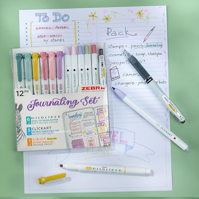 Journaling Kit: 6 Mildliner Highlighters + 5 ClickArt Markers + 1 Sarasa Mark-On Pen by Zebra Pen