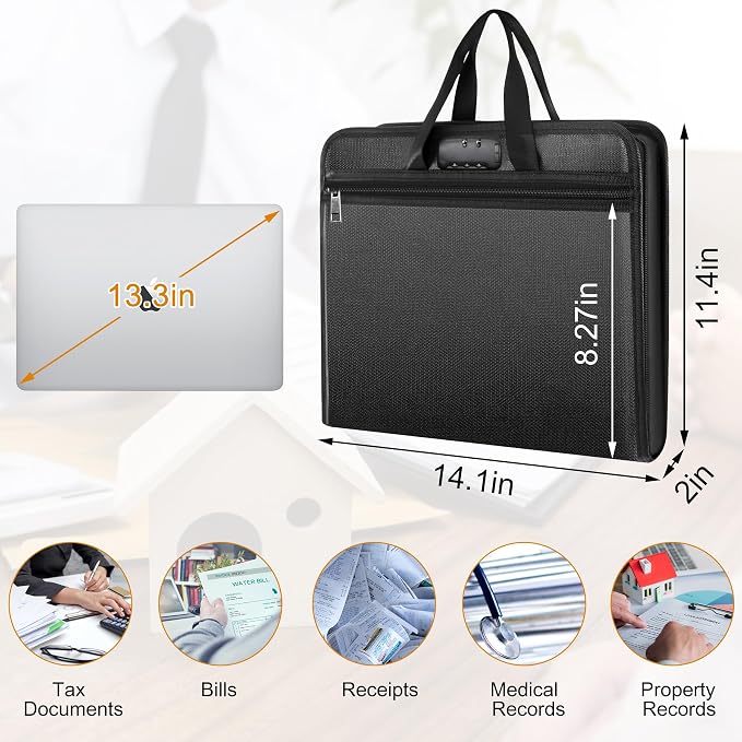 onvvippiv File Organizer Fireproof Expanding with Lock Zipper | Accordion File Folder Labels13 Pockets Document Organizer Holder Storage Box Bag for Business Office Receipt Home Travel