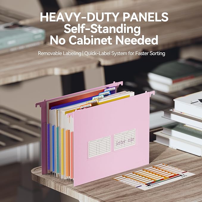 ThinkTex Plastic Expanding Hanging File Folders, 7 Innovative 1.2" Accordion Pockets, Large Capacity, Multi-Color Tabs, Letter Size for Filing Cabinet - Purple