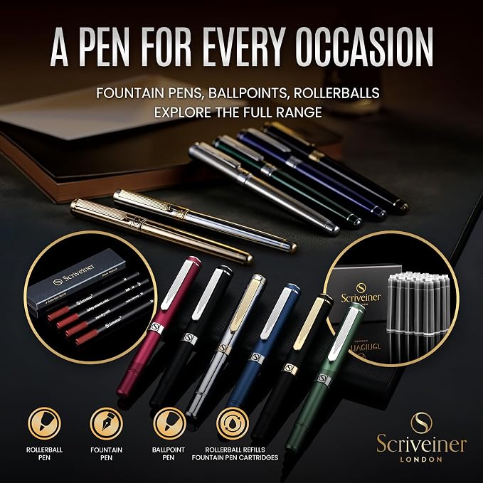 Scriveiner Deep Crimson Red Fountain Pen - Stunning Luxury Pen with Chrome Finish, Schmidt Nib (Fine), Best Pen Gift Set for Men & Women, Professional, Executive, Office, Nice Pens