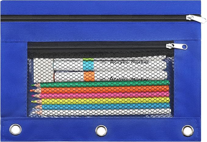 3 Ring Pencil Pouch for Binder, 2-Pocket Zipper Pencil Case with Clear Window & Mesh Pocket, 600D Oxford Fabric Binder Pouch for School Office Supplies, Fits Standard 3-Ring Binders, Blue