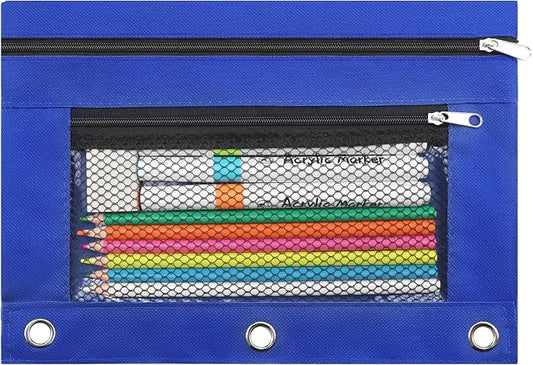 3 Ring Pencil Pouch for Binder, 2-Pocket Zipper Pencil Case with Clear Window & Mesh Pocket, 600D Oxford Fabric Binder Pouch for School Office Supplies, Fits Standard 3-Ring Binders, Blue