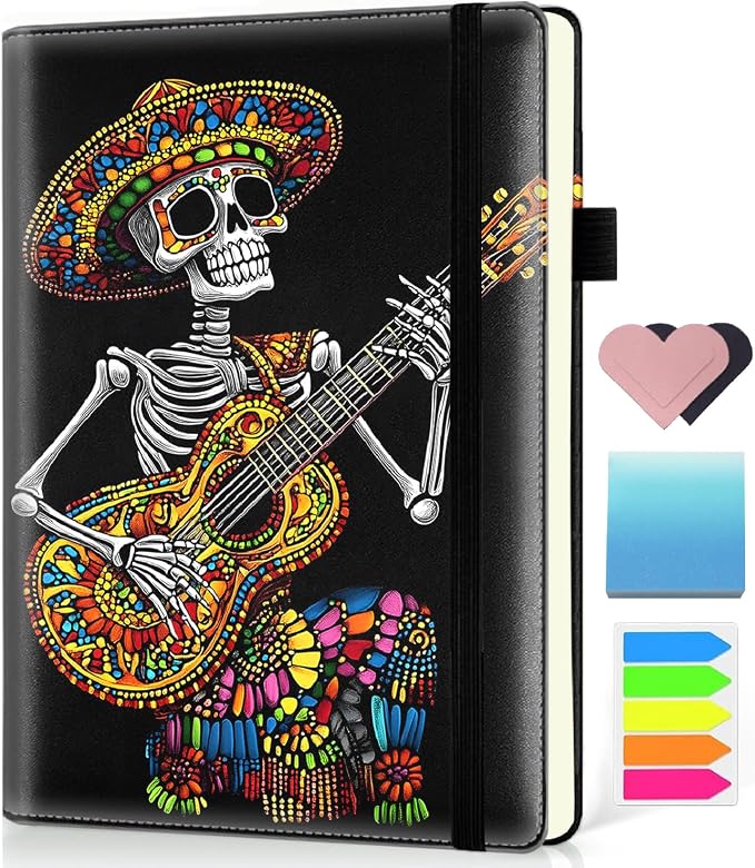 Hardcover Executive Notebooks, A5 PU Leather Lined Journal Notebook, 200 Pages Thick Paper Subject Notebooks for School,Work,Home Writing Business Notebook, Diary Book ，Skull Guitar Huichol
