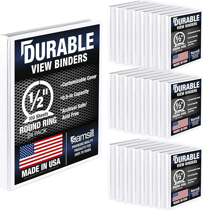 Samsill 24 Pack Durable 0.5 Inch 3 Ring Binders, Round Ring, Clear View Cover for Presentations, White