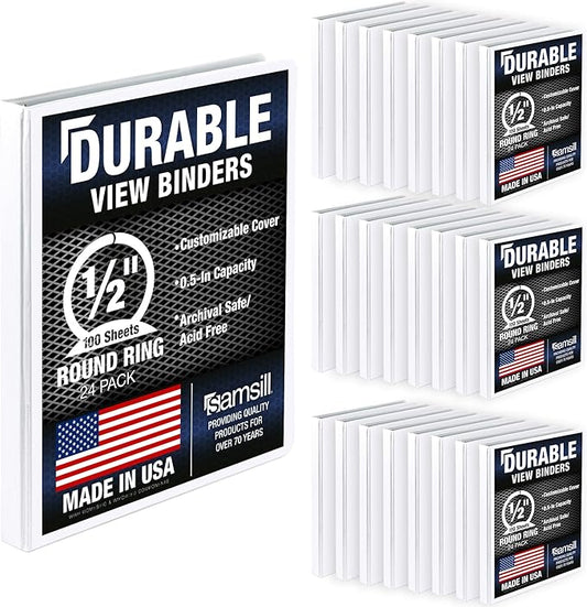 Samsill 24 Pack Durable 0.5 Inch 3 Ring Binders, Round Ring, Clear View Cover for Presentations, White