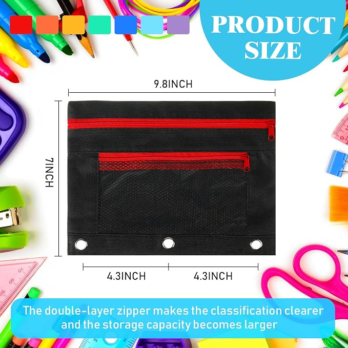Zhehao 100 Pcs Zipper Binder Pencil Pouches:3 Ring Binder Pencil Pouches with Zipper Window Bulk Clear Pen Bags Case for Office School Classroom Supplies(Double Layer with Mesh Layer,Black)