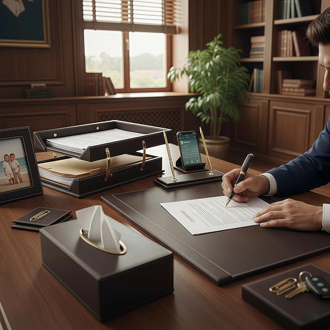 Leather Desk Set, 13-Piece All-in-One – Executive Desk Accessories & Office Supplies,Desk Organizer with Desk Pad & Blotter, 2-Tier Letter Tray, Luxury Office Desk Decor & Boss Gifts (Brown)
