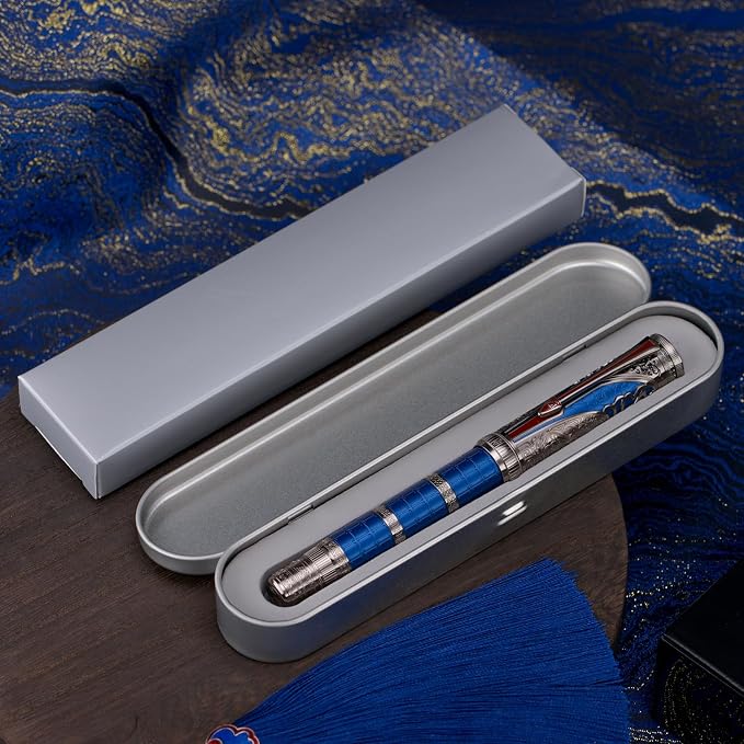 Hongdian D5X Fountain Pen Blue Color Medium Nib, Qin Dynasty Retro Chinese Totem Engraving Smooth Writing Pen with Converter and Pen Box Set