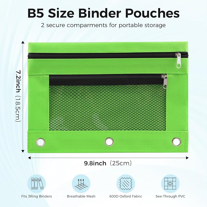Pencil Pouch for 3 Ring Binder, Pencil Case Bag with Zipper, 600D Fabric Pencil Pouch Holder Accessories, Clear Window Pencil Case Aesthetic Back to School Organizer Pockets for Boy Girl (Green)