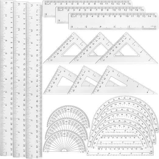 Tenare 18 Pcs Plastic Clear Math Set Includes Protractor Triangle Rulers 12 Inch 6 Inch Straight Geometry Math Transparent Ruler Measuring Tool for Office Home Supplies
