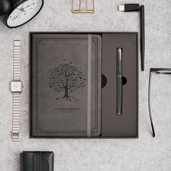 Lined Notebook with Gift Box for Women Men 320 Pages A5 Hardcover Leather with Pen Holder College Ruled Journals for Work Note Taking Travel School Gray