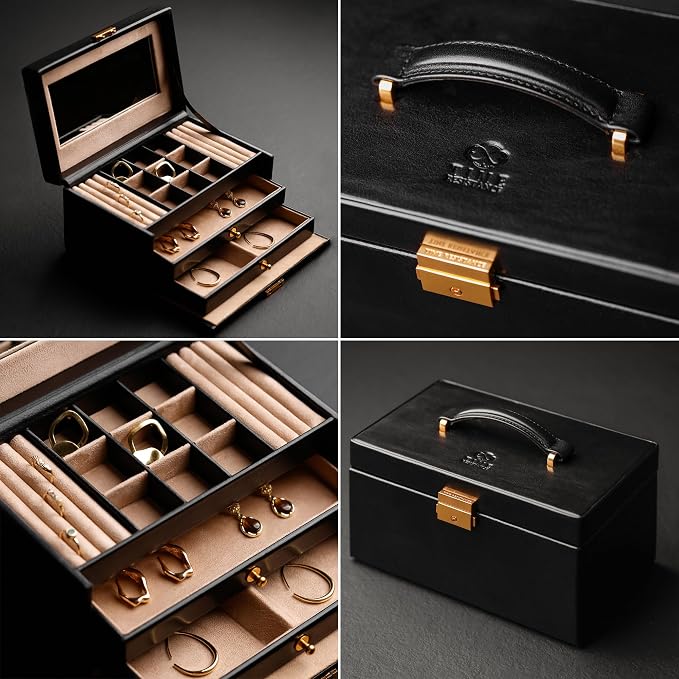 Time Resistance Jewelry Box - Full Grain Leather Jewellery Organizer - Accessories Storage Key Lock - Jewellery Box (Black)