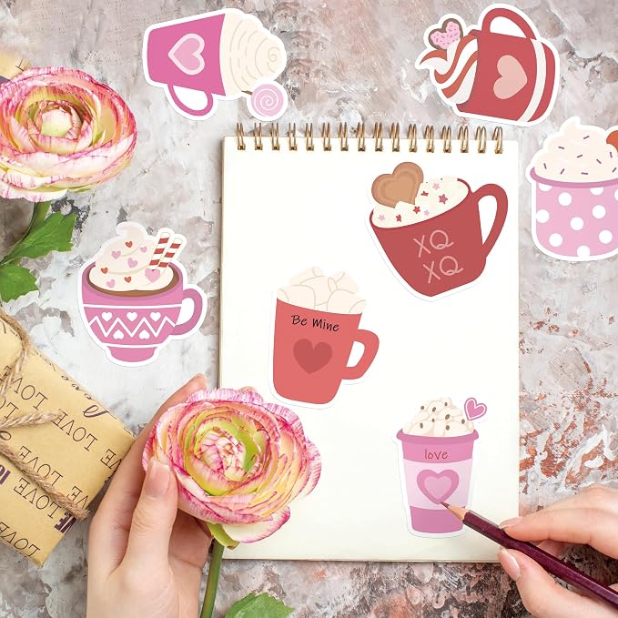 Xqumoi 30 Pack Valentine's Day Coffee Cup Sticky Notes - Heart Self Sticky Notepads Writing Memo Pads for Coffee Lover Gift Wedding Anniversary Office School Supplies Party Favors Goodies Bag Fillers