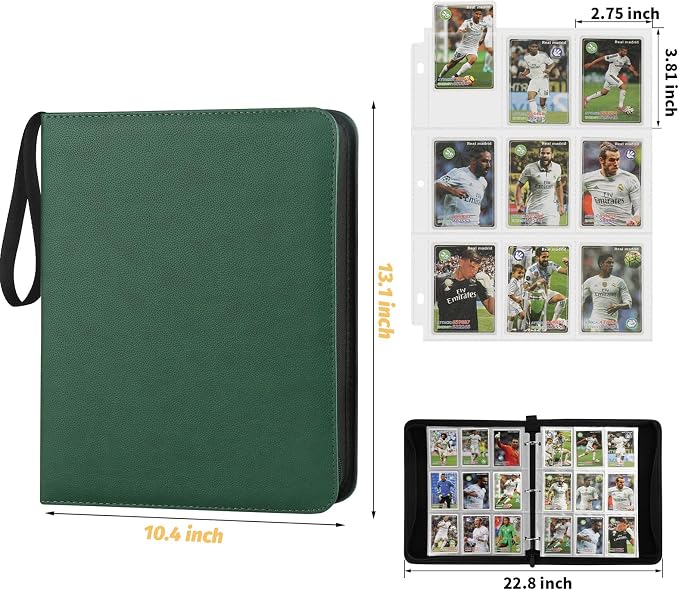 GERMUN 3 Ring 9 Pocket Zipper Card Binder, 720 Double Sided Standard PU Trading Card Album Folder for TCG & Sports Cards, Not Fit Top Loaders (dark green)