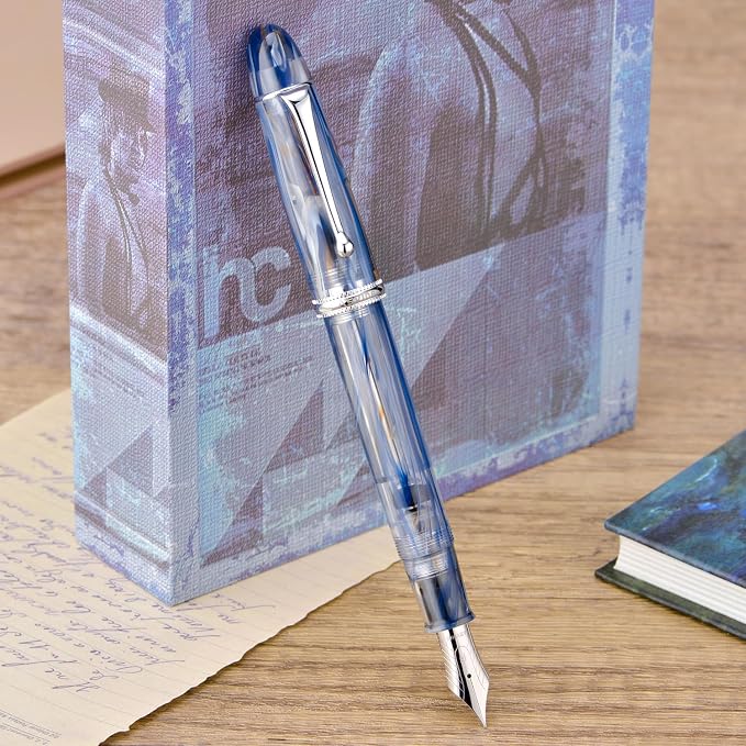 Asvine V800 Fountain Pen -Vacuum Filling System with Large Ink Capacity - Number 8 Stub Nib 1.1mm Calligraphy Art Drawing with Wrench Gift Set - Blue Brown