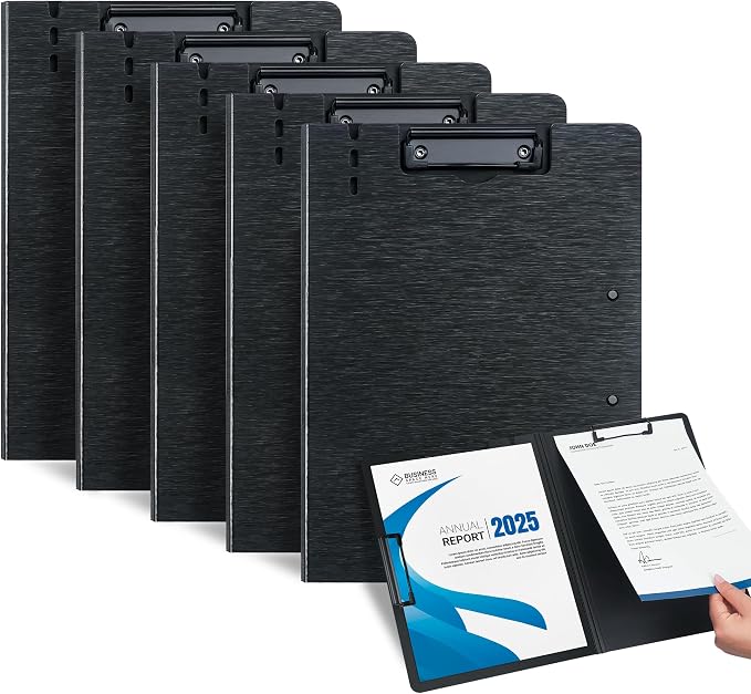 Clipboard Folder, with Dual Metal Clips, Embossed-Texture, Folding 360° Rotating, Nursing Clipboard for Letter and A4, Pen Holder (Black, 5)