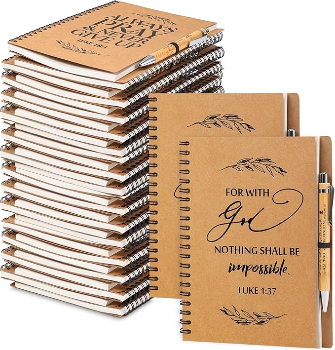 Kosiz 100 Pcs/ 50 Set Christian Gift Bulk A5 Spiral Notebook 5.5"x8.3" Christian Prayer Journal Bible Ballpoint Pen Religious Gift for Women Sunday School Church Member Back to School Gifts (Brown)