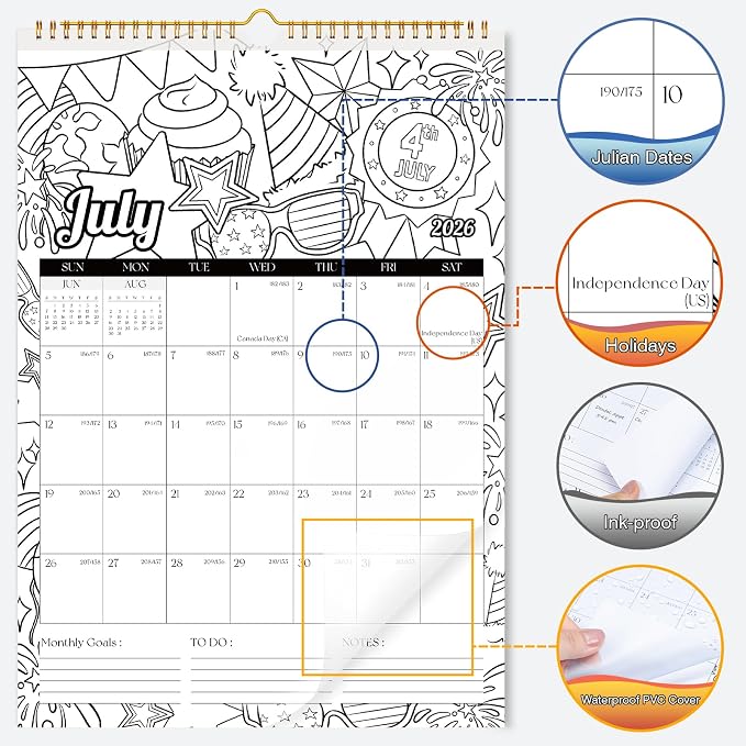 Ospelelf Wall Calendar 2026-2027, 12'' x 17'' Coloring Calendar with Plastic Cover, 18 Months Calendar for Girls, Kids and Family, Use Jan 2026 - June 2027, Season