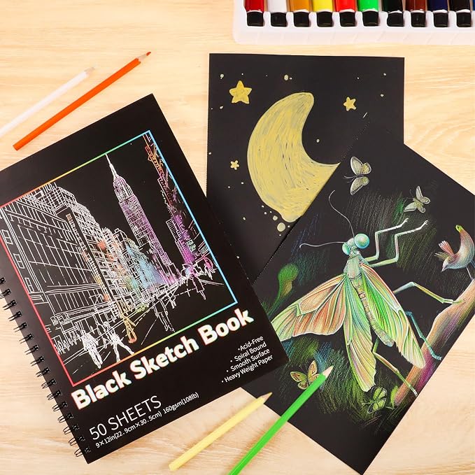 Black Paper Sketchbook 2 Pack, 9 × 12 in, 100 Sheets, 160gsm Spiral Bound | Acid-Free 108 Lb Black Paper, Left Spiral Tear-Out Pages, Hardcover for Drawing, Chalk, Gel Pens And Mixed Media