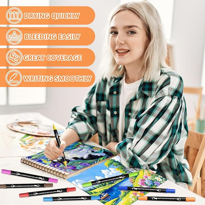 TANMIT 80 Colors Dual Tip Acrylic Paint Markers, Paint Pens Set with Brush Tip and Fine Tip For Fabric, Rock, Wood, Glass, Eggs, Scrapbook, DIY Crafts Making Art Supplies - Teacher Appreciation Gift