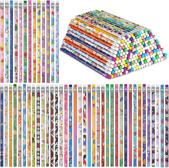 Sabary 200 Pcs Assorted Wood Pencil Bulk 50 Styles #2 HB Colorful Novelty Fun Dinosaur Animals Fruits Sports Pencils with Erasers for Teacher Reward