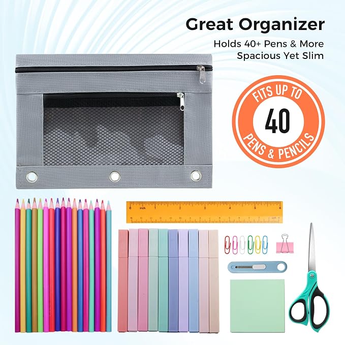 Pencil Pouch for 3 Ring Binder, Pencil Case Bag with Zipper, 600D Fabric Pencil Pouch Holder Accessories, Clear Window Pencil Case Aesthetic Back to School Organizer Pockets for Boy Girl (Grey)