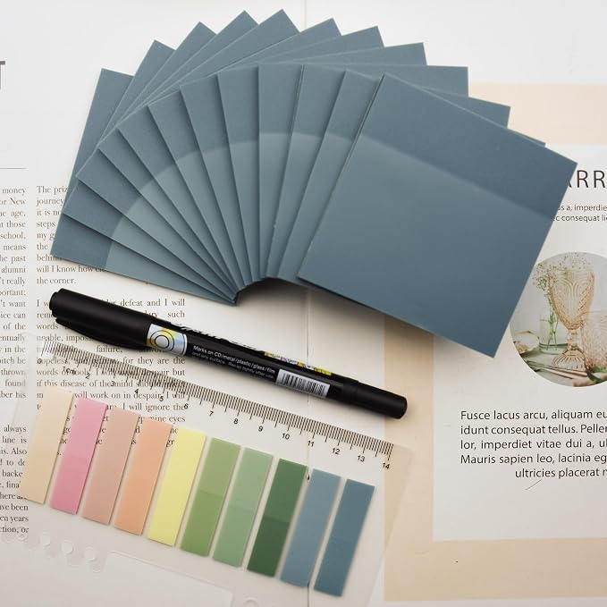 YOUDEFUL 800Pcs Transparent Sticky Notes, Morandi Blue Clear Sticky Notes, 3"x3" Waterproof Translucent Sticky Note Pads, Index Tabs, Clear Post it Notes for Bible Study, See Through Sticky Notes