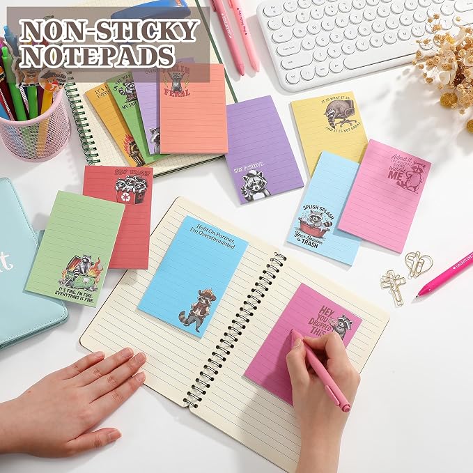 12 Pack Funny Notepads, 5x3 Inches Sarcastic Note Pads Memo Fun Office Gifts for Coworkers Work Women Men Employee Teacher Boss Desk Accessories Gifts(Raccoon,Multicolor)