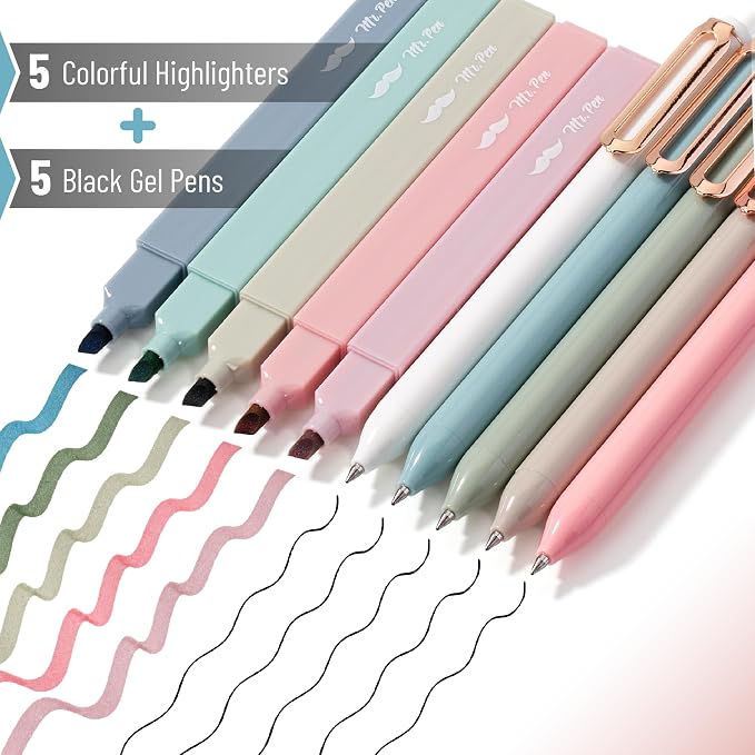 Mr. Pen- Aesthetic Highlighters and Gel Pens, 10 Pack | Assorted Colors Bible Highlighters No Bleed, Black Ink Gel Pens, Fast Dry and No Smear for Bible Journaling, Planner