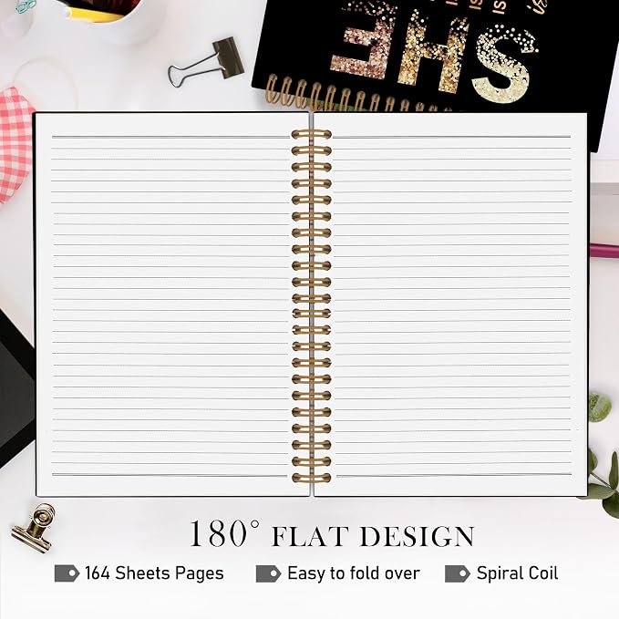 QLMX Gold She Is Me Affirmations Spiral Notebook, Inspirational Self Care A4 Journal Notebook, Self Love Notebooks for School Work, Positive Office Supplies Gifts for Women Girls Friends, 8.3x11.7 In