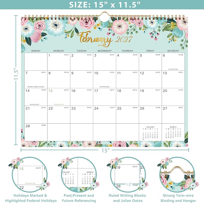Calendar 2026-2027 - 26-27 Calendar, JUL 2026 - Dec 2027, 15" x 11.5" | Monthly Calendar, Wall Calendar 2026-2027 with Spiral Bound, Julian Dates, Thick Paper Perfect for Home Office Organizing