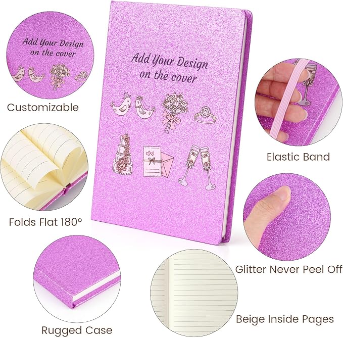 Custom Notebook and Pen Set - Personalized Cover with Logo/Text/Photo, Glitter Design & Rose Gold Accents, Customizable Journal with Matching Pen for Gifts/Office/School, Make It Unique, RoseRed