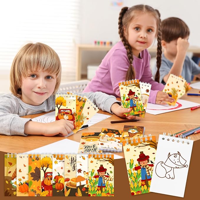 24Packs Fall Mini Notepads Thanksgiving Pumpkin Maple Leaves Spiral Notebooks Pocket Journal Memo Pads for Hello Autumn Seasonal Holiday Party Favors Gift Goodie Bag Stuffers School Classroom Rewards