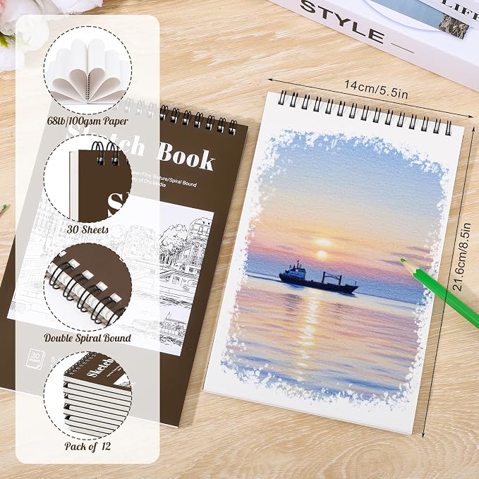 12 Pack Sketch Book, 5.5 x 8.5 Inch Sketchbook, 68lb/100gsm Top Spiral Bound Sketch Pad, Acid Free Art Supplies Drawing Painting Sketching Paper for Kids, Beginners, Artists (Tan)