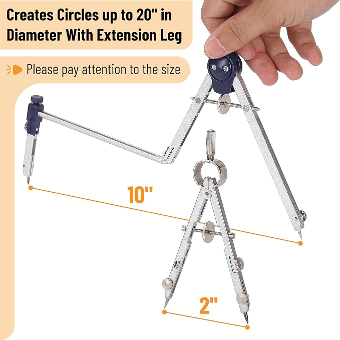 Mr. Pen- Professional Geometry Set, 7 pcs | Metal Compasses with Center Wheel & Extension Leg, Precision Drafting Kit with Storage Box for Geometry, Technical Drawing