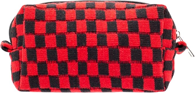 Checkered Makeup Bag for Purse, Small Travel Cosmetic Pouch,Red Black | Cute Zipper Makeup Organizer for Women, Travel Essentials, Toiletries, Makeup Brushes, Beauty Accessories&Bridesmaid Gifts