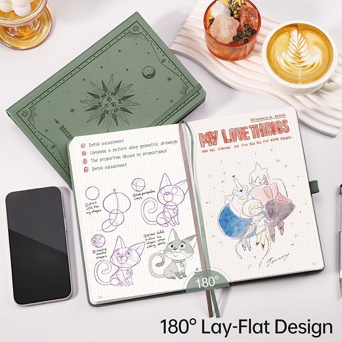 EMSHOI Dotted Journal Notebook, 192 Pages, A5 Size (5.7'' x 8.3'') | Leather Hardcover, 100 GSM Thick Paper, for Journaling, Planning, Tracking & Sketching, Sun Debossed (Light Green)
