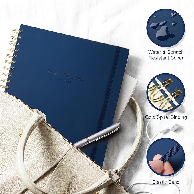 AuroPlanner Undated Daily Planner To Do List Hourly Schedule 2028 2027 2026 Calendar & Holiday Habit Tracker 180 Pages Letter Size 8.5" x 11" Sheets Hardcover Spiral Bound Notebook (Navy Blue)