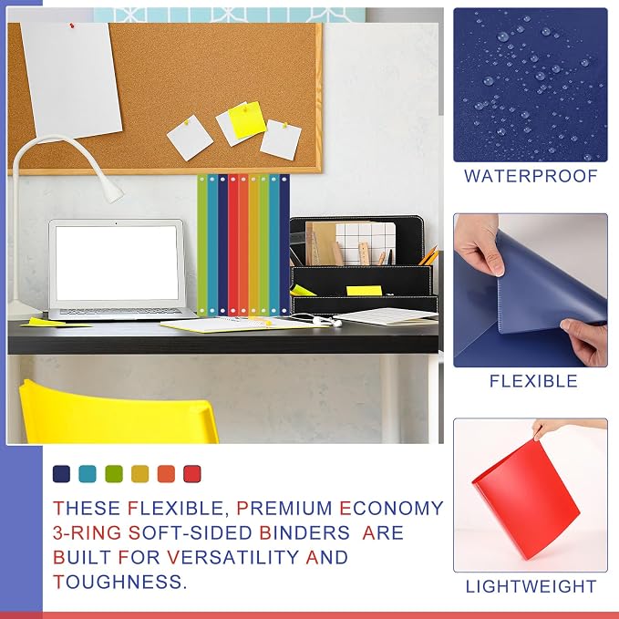 Fulmoon 6 Pack Plastic 3 Ring Binder Assorted Colors Economy Flexible Round Ring Presentation Binders with Pocket for Office School Meeting(1.5 Inch,Rainbow Colors)
