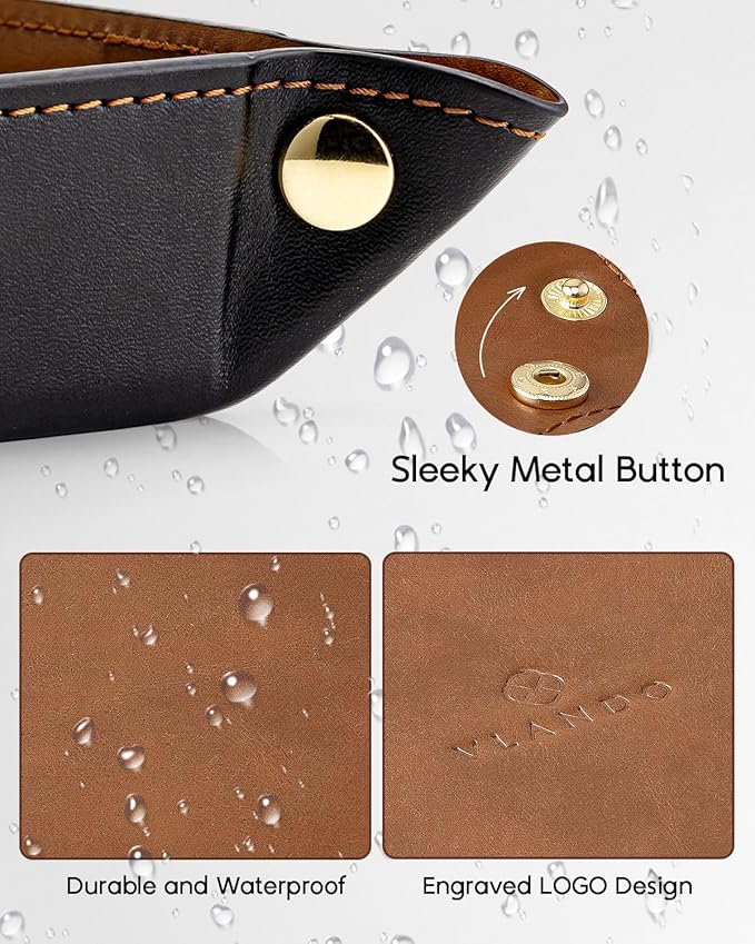 VLANDO Travel Valet Tray, Foldable PU Leather Catchall Tray, Light Brown | Large 8.5-Inch Key Tray for Wallet, Watch, Phone, Jewelry and Glasses, Nightstand Dresser Desk Entryway Organizer