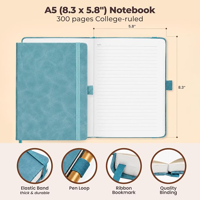 A5 Leather Notebook Journal Light Blue Lined Thick 300 Pages 5.8x8.3" | Leather journal for men & women, journal notebook, journals for writing. Premium mens notebook for work and travel.