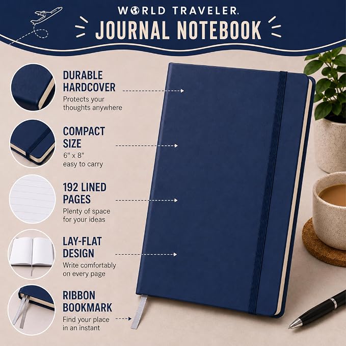 Eccolo Cool Jazz Hardbound Writing Journal, 192-Page Lined Paper, Lay-Flat | Elastic Band Closure, Interior Gusset Pocket, Double Ribbon Bookmarks and Built-In Pen Holder, Durable Section-Sewn Binding